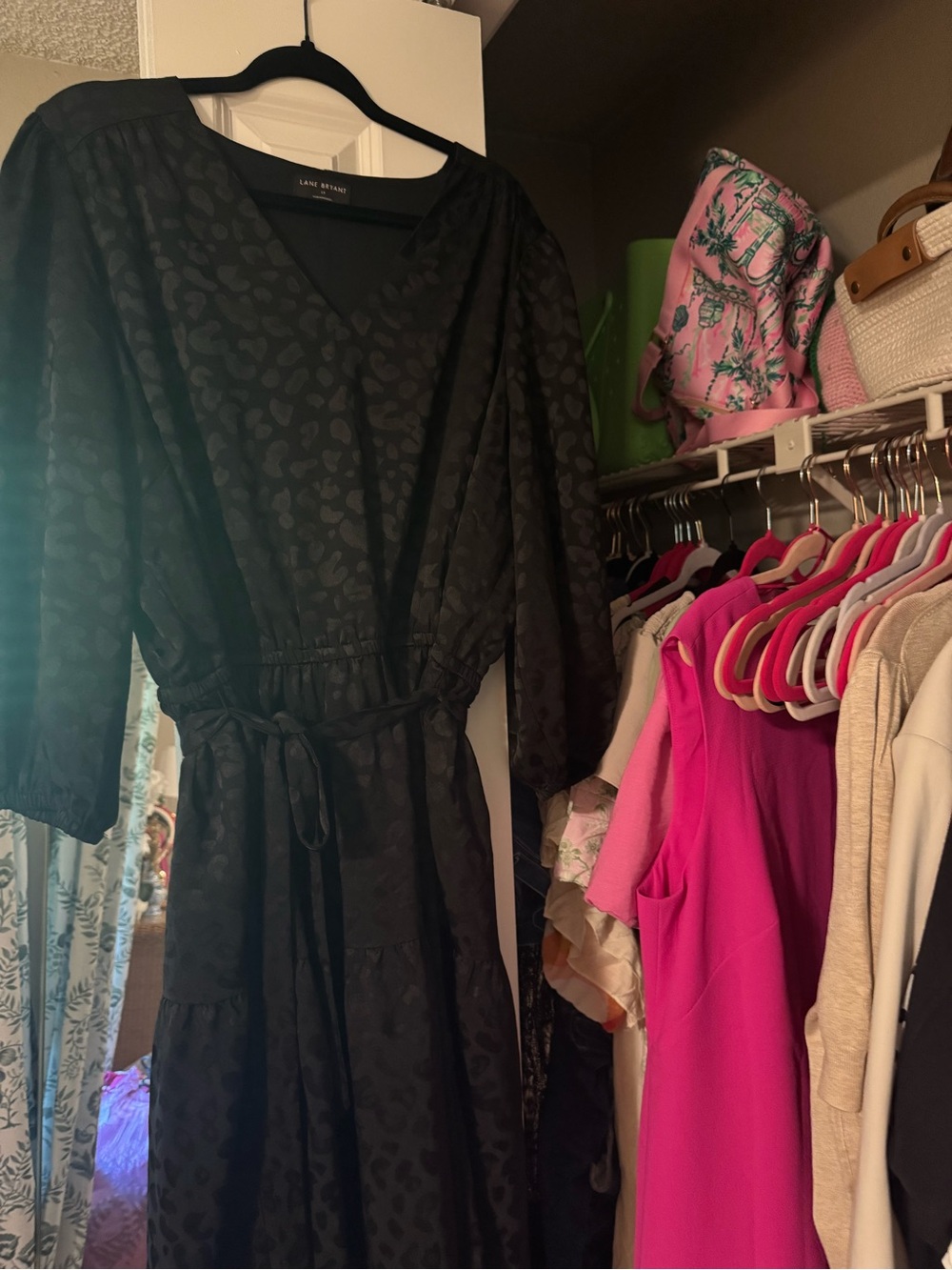 Lane Bryant Black Leopard V-Neck Tie-Waist Midi Dress